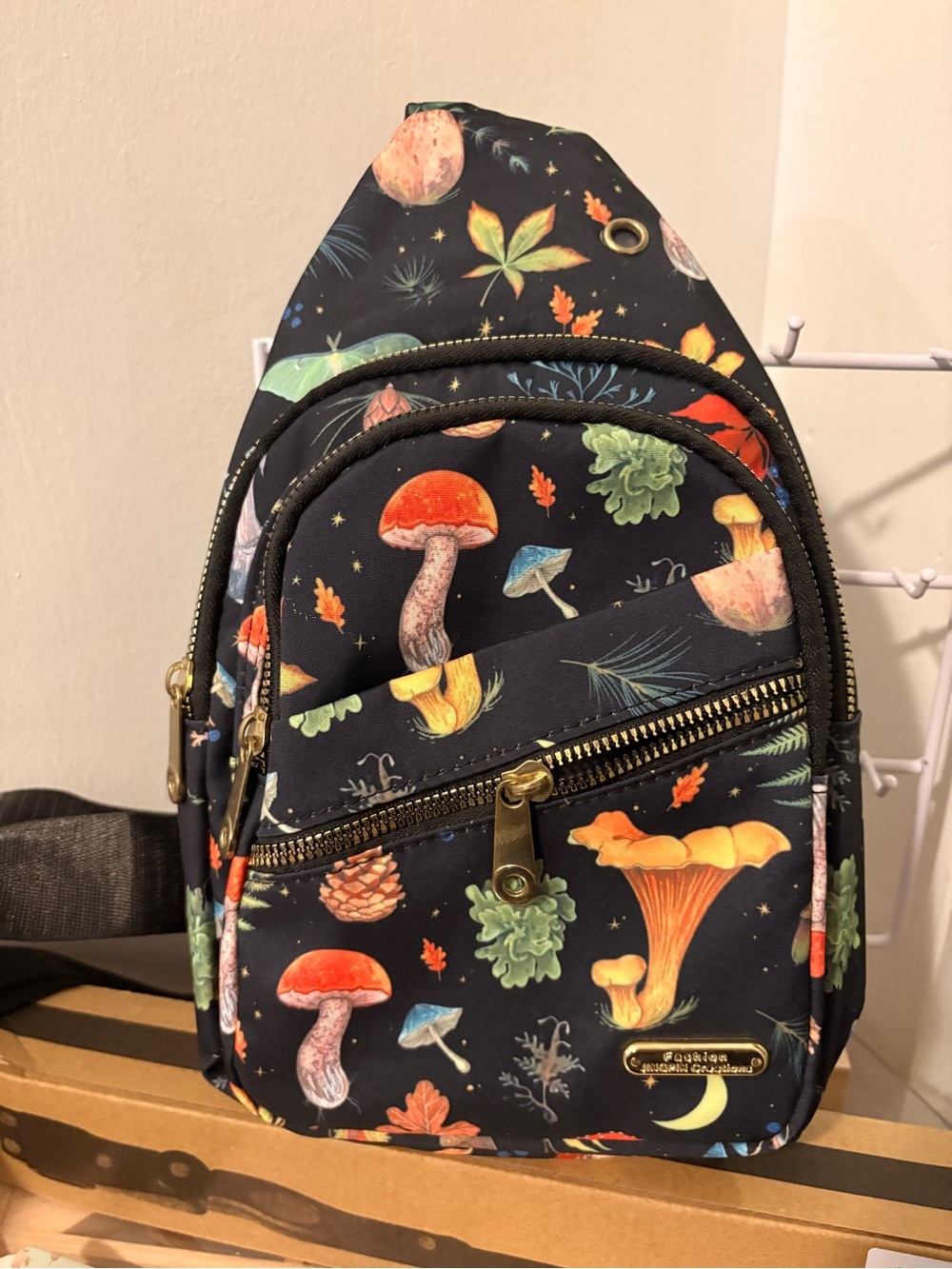 Kids Mushroom Print Mini Sling Backpack - Black Small
